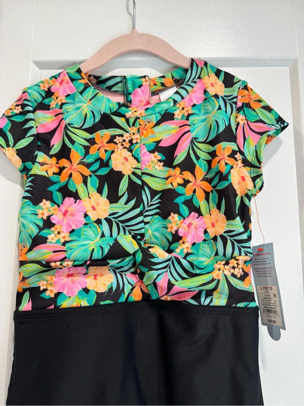 Kids Floral Tropical Short-Sleeve One-Piece Swimsuit - Black & Multi